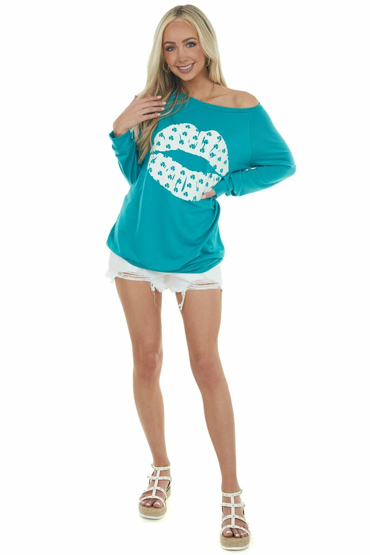 BiBi Pine Green Shamrock Lip Graphic Knit Top 6 BiBi Pine Green Shamrock Lip Graphic Knit Top