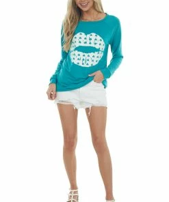 BiBi Pine Green Shamrock Lip Graphic Knit Top