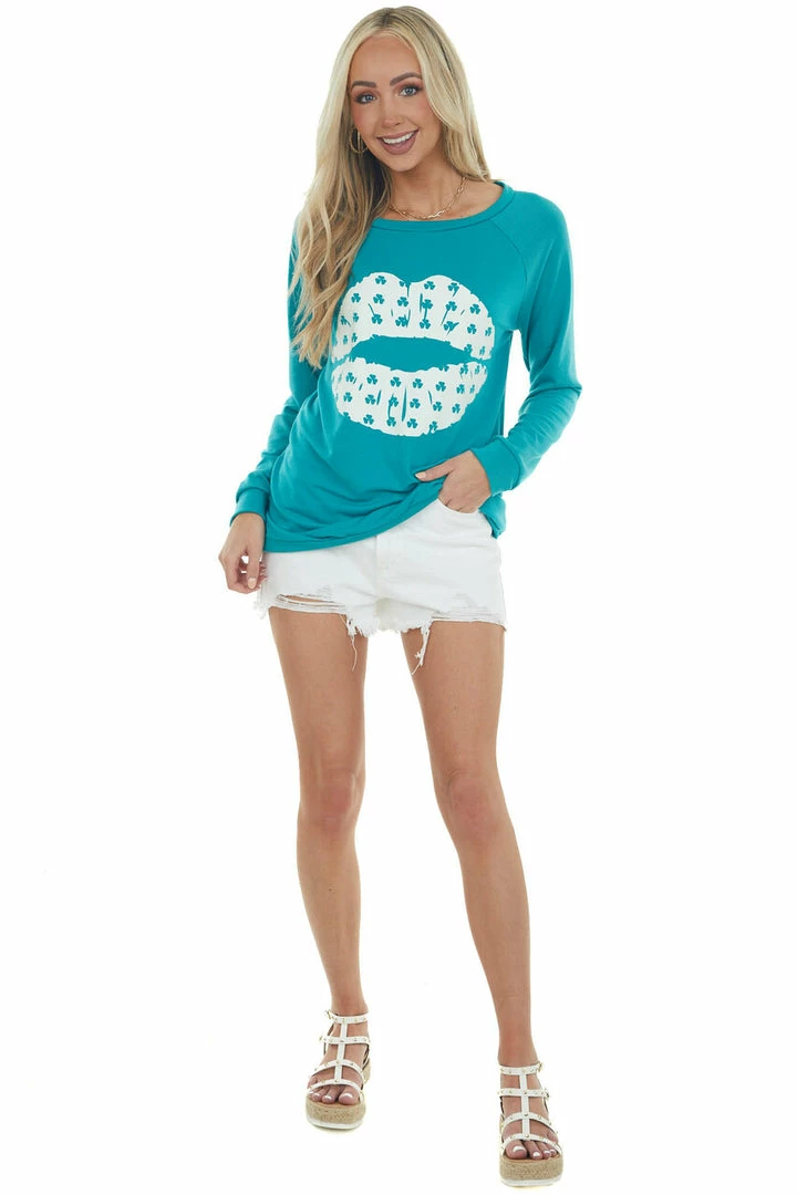 BiBi Pine Green Shamrock Lip Graphic Knit Top 4 BiBi Pine Green Shamrock Lip Graphic Knit Top