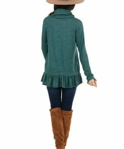 Staccato Pine Green Two Tone Cowl Neck Top With Ruffle Hem