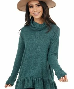 Staccato Pine Green Two Tone Cowl Neck Top With Ruffle Hem