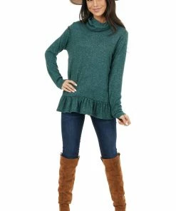Staccato Pine Green Two Tone Cowl Neck Top With Ruffle Hem