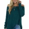 BiBi Tops Pine Green Two Tone Off The Shoulder Long Sleeve Knit Top