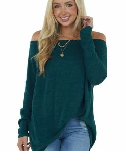 BiBi Tops Pine Green Two Tone Off The Shoulder Long Sleeve Knit Top