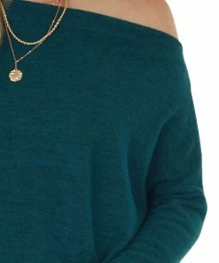 BiBi Tops Pine Green Two Tone Off The Shoulder Long Sleeve Knit Top