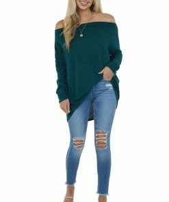 BiBi Tops Pine Green Two Tone Off The Shoulder Long Sleeve Knit Top