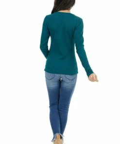Heart & Hips Tops Pine Green Waffle Knit Top With Rounded Neckline