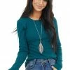 Heart & Hips Tops Pine Green Waffle Knit Top With Rounded Neckline