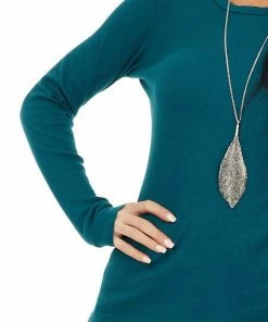Heart & Hips Tops Pine Green Waffle Knit Top With Rounded Neckline