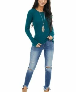 Heart & Hips Tops Pine Green Waffle Knit Top With Rounded Neckline