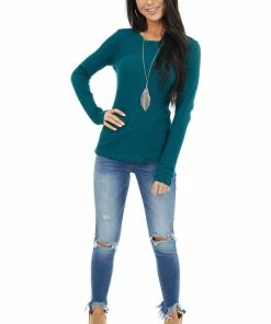 Heart & Hips Tops Pine Green Waffle Knit Top With Rounded Neckline
