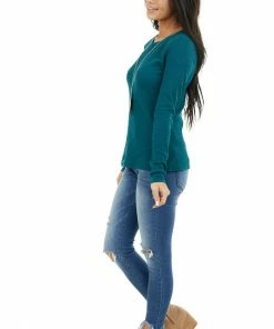 Heart & Hips Tops Pine Green Waffle Knit Top With Rounded Neckline