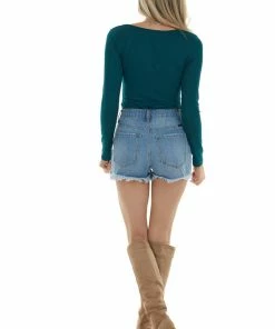 Entro Tops Pine Knit Long Sleeve Bodysuit With Wide Round Neckline
