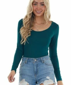 Entro Tops Pine Knit Long Sleeve Bodysuit With Wide Round Neckline