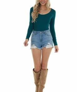 Entro Tops Pine Knit Long Sleeve Bodysuit With Wide Round Neckline