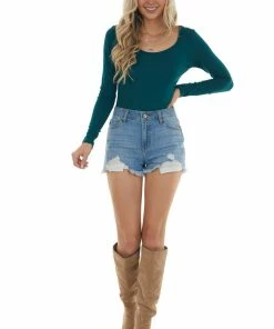 Entro Tops Pine Knit Long Sleeve Bodysuit With Wide Round Neckline