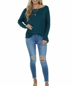 SUNG LIGHT CLOTHING Tops Pine Long Sleeve Knit Top With Off Shoulder Neckline