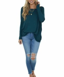 SUNG LIGHT CLOTHING Tops Pine Long Sleeve Knit Top With Off Shoulder Neckline
