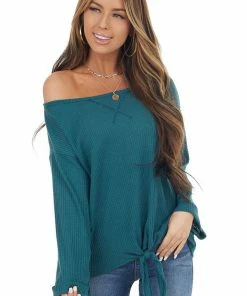 Fantastic Fawn Pine Long Sleeve Waffle Knit Top With Front Tie Detail