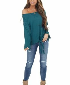 Fantastic Fawn Pine Long Sleeve Waffle Knit Top With Front Tie Detail