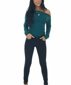 Peach Love Tops Pine Off Shoulder Long Sleeve Ribbed Bodysuit