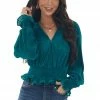 She + Sky Tops Pine Pleated Surplice Smocked Waist Blouse