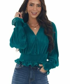 She + Sky Tops Pine Pleated Surplice Smocked Waist Blouse