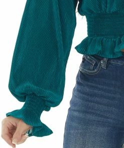 She + Sky Tops Pine Pleated Surplice Smocked Waist Blouse