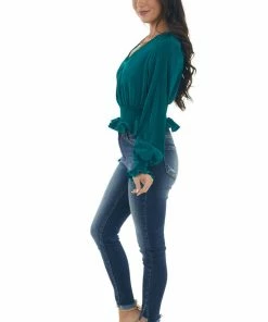 She + Sky Tops Pine Pleated Surplice Smocked Waist Blouse