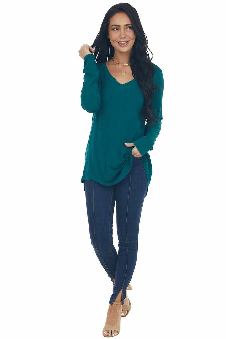 ZENANA Tops Pine Rounded Hem V Neck Soft Knit Top 4 ZENANA Tops Pine Rounded Hem V Neck Soft Knit Top