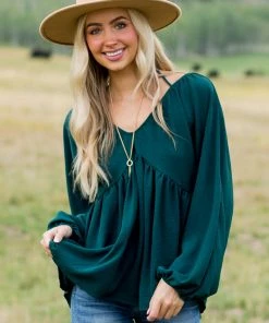 143 Story Pine V Neck Babydoll Puff Sleeve Flowy Top Tops