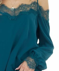 Lime Lush Pine Woven Cold Shoulder Top With Eyelash Lace Details