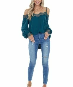 Lime Lush Pine Woven Cold Shoulder Top With Eyelash Lace Details