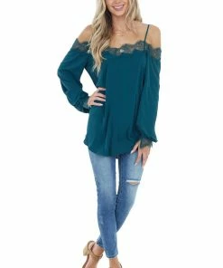 Lime Lush Pine Woven Cold Shoulder Top With Eyelash Lace Details