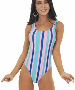 Envya Pink And Aqua Striped One Piece Swimsuit With Scoop Back Accessories