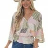 143 Story Pink Printed Long Sleeve Surplice Knit Top Tops