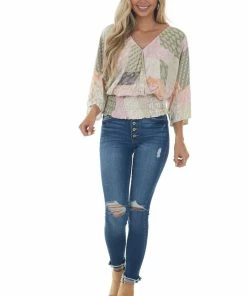 143 Story Pink Printed Long Sleeve Surplice Knit Top Tops