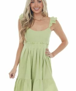 Umgee Dresses Pistachio Babydoll Tiered Sleeveless Dress