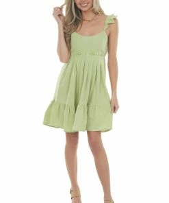 Umgee Dresses Pistachio Babydoll Tiered Sleeveless Dress