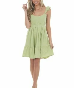 Umgee Dresses Pistachio Babydoll Tiered Sleeveless Dress