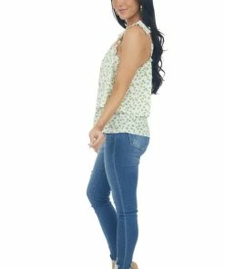 Hayden Pistachio Ditsy Floral Tiered Frill Tank Top