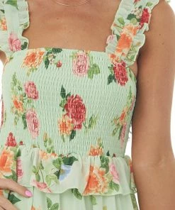 Flying Tomato Pistachio Floral Print Ruffle Tiered Maxi Dress