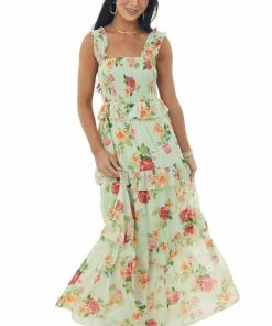 Flying Tomato Pistachio Floral Print Ruffle Tiered Maxi Dress