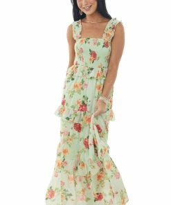 Flying Tomato Pistachio Floral Print Ruffle Tiered Maxi Dress