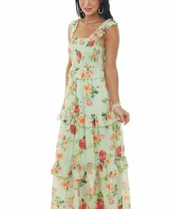 Flying Tomato Pistachio Floral Print Ruffle Tiered Maxi Dress