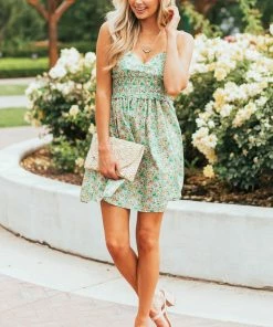 Umgee Dresses Pistachio Floral Tie Strap Babydoll Mini Dress