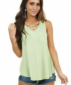 FSL APPAREL Pistachio Green Tank Top With Pocket And Criss Cross Detail Tops