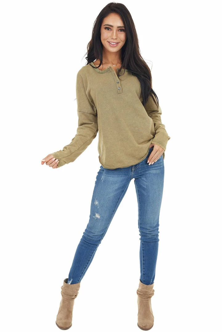 Umgee Pistachio Mineral Wash Long Sleeve Henley Top 6 Umgee Pistachio Mineral Wash Long Sleeve Henley Top
