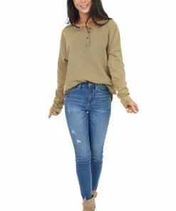 Umgee Pistachio Mineral Wash Long Sleeve Henley Top