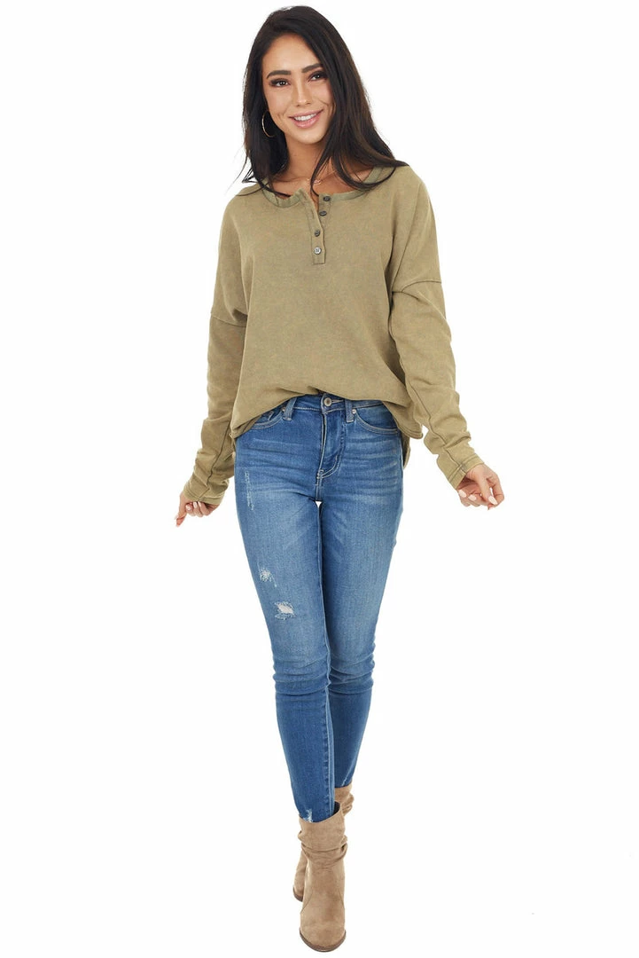 Umgee Pistachio Mineral Wash Long Sleeve Henley Top 4 Umgee Pistachio Mineral Wash Long Sleeve Henley Top